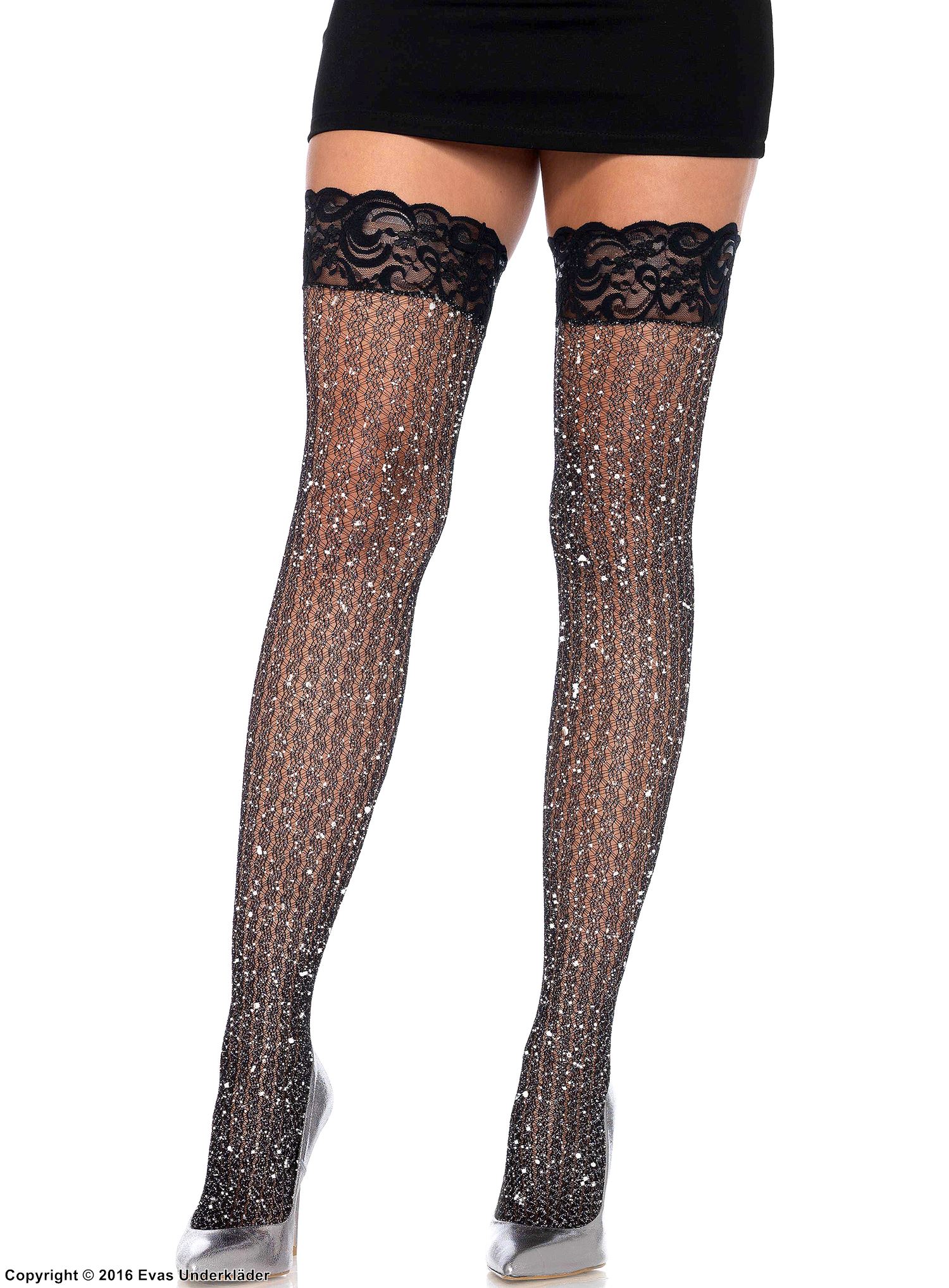 Thigh high stay-ups, small fishnet, lace edge, shimmering lurex